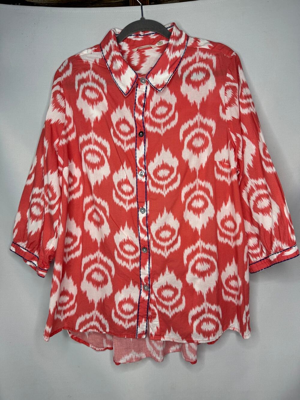 Soft Surroundings 1X Coral White Ikat Cotton Button Down Tunic Blouse Top